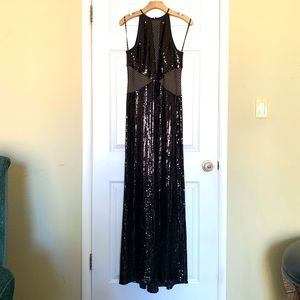 Black Prom Halter Dress All Sequin Tadashi Shoji. Mesh Accents at Waist.  NWT